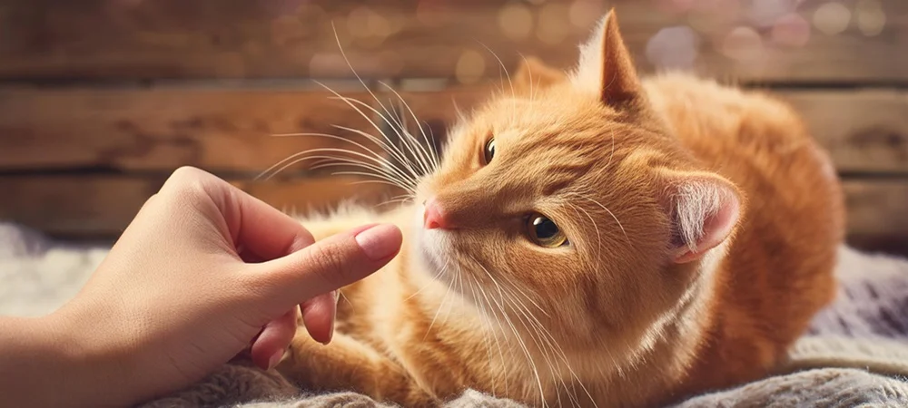 Rothaarige Katze, die auf einem Bett liegt und an einer Hand schnüffelt
